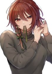 Rule 34 | 1girl, adjusting hair, aketa mikoto, blush, braid, breasts, brown hair, fingernails, grey sweater, hair ribbon, highres, holding, holding ribbon, idolmaster, idolmaster shiny colors, large breasts, looking down, mouth hold, multicolored eyes, nail polish, po (moudameda17), ribbon, simple background, single braid, solo, sweater, upper body, white background