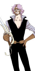 Rule 34 | 1boy, male focus, mask, one piece, purple hair, simple background, solo, spandam, sword, weapon