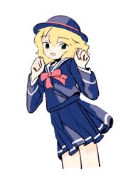 Rule 34 | 1girl, :d, blonde hair, blouse, blue hat, blue serafuku, blue shirt, blue skirt, bow, bowtie, clenched hands, cowboy shot, cropped legs, dated commentary, dot nose, green eyes, hands up, hat, highres, idolmaster, idolmaster cinderella girls, iwashi iwashimo, layered sleeves, long sleeves, looking at viewer, open mouth, pink bow, pink bowtie, pleated skirt, sailor collar, sakurai momoka, school uniform, serafuku, shirt, short hair, simple background, skirt, smile, solo, standing, w arms, white background, white sailor collar