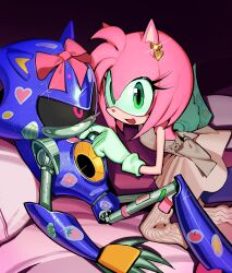 Rule 34 | 1boy, 1girl, alternate costume, amy rose, animal ears, animal nose, bow, commentary request, dress, earrings, furry, furry female, gloves, green eyes, heart, heart earrings, highres, jewelry, kneeling, korean commentary, looking at viewer, metal sonic, mojunpwo, on bed, open mouth, pink bow, red eyes, robot, sitting, smile, sonic (series), star (symbol), sticker
