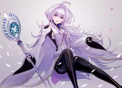 Rule 34 | 1girl, bad id, bad pixiv id, black gloves, bodysuit, fate/grand order, fate/prototype, fate (series), fingerless gloves, gloves, hair between eyes, highres, long hair, looking at viewer, merlin (fate/prototype), merlin (fate/prototype) (second ascension), petals, red eyes, sketch, smile, solo, ub1mo, very long hair, white background, white hair, wide shot