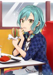 Rule 34 | 1girl, aqua hair, bang dream!, black pantyhose, blue jacket, blurry, blush, bow, braid, burger, cup, dated, disposable cup, dress, drinking straw, food, food wrapper, french fries, green eyes, hair bow, hands up, hikawa hina, holding, holding food, indoors, jacket, jewelry, long hair, looking at viewer, necklace, open clothes, open jacket, pantyhose, sidelocks, signature, sitting, solo, sparkling eyes, tarachine, tongue, tongue out, tray, twin braids, white dress, window