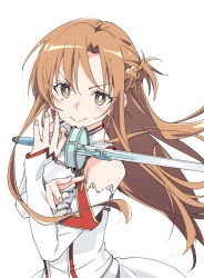 Rule 34 | 1girl, asuna (sao), blush, brown eyes, brown hair, closed mouth, detached sleeves, holding, holding sword, holding weapon, ixy, long hair, looking at viewer, simple background, smile, solo, sword, sword art online, weapon, white background
