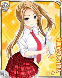 Rule 34 | 1girl, blonde hair, breasts, card, character name, closed mouth, girlfriend (kari), grey eyes, large breasts, long hair, necktie, official art, ogawa yui (girlfriend kari), paper, plaid, plaid skirt, qp:flapper, red necktie, red skirt, school uniform, shirt, side ponytail, skirt, smile, solo, tagme, white shirt, yellow background