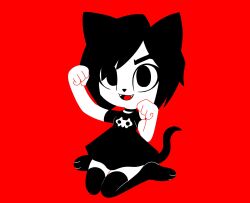 Rule 34 | 1girl, animal ears, black collar, black hair, black shirt, black socks, cat, cat ears, cat girl, cat tail, collar, fangs, gato del futuro, highres, open mouth, original, red background, shirt, sitting, skull, socks, solo, tail