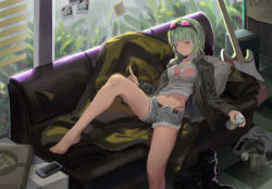 Rule 34 | 1girl, bag, barefoot, belt, boots, unworn boots, breasts, can, casual, cellphone, couch, denim, denim shorts, electric guitar, full body, green eyes, green hair, guitar, gumi, holding, holding can, indoors, instrument, jacket, knee up, looking to the side, medium breasts, midriff, navel, parted lips, phone, photo (object), plastic bag, rain, shirt, short hair with long locks, shorts, sitting, smartphone, solo, speaker, sticky note, t-shirt, vocaloid, white shirt, window, wwy 138