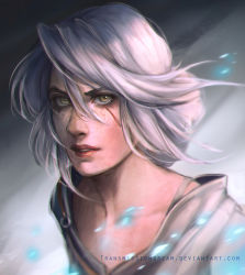 Rule 34 | 1girl, ciri, close-up, collarbone, commentary, deviantart username, english commentary, eyebrows, fatineaouiniya, freckles, grey background, hair between eyes, light particles, lips, looking at viewer, medium hair, parted lips, scar, scar across eye, scar on face, shirt, silver hair, simple background, solo, the witcher (series), the witcher 3, upper body, white shirt, yellow eyes