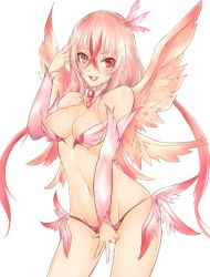 Rule 34 | 1girl, breasts, frofrofrost, long hair, navel, phantasy star, phantasy star online 2, pink hair, red eyes, simple background, smile, solo, white background, wings