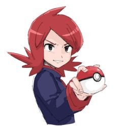 Rule 34 | 1boy, black eyes, commentary request, cowlick, creatures (company), flipped hair, game freak, holding, holding poke ball, jacket, long hair, long sleeves, male focus, nanataro, nintendo, parted lips, poke ball, poke ball (basic), pokemon, pokemon hgss, red hair, silver (pokemon), simple background, smile, solo, upper body, white background