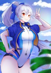 Rule 34 | 1girl, absurdres, blue bow, blue jacket, blue one-piece swimsuit, blue sky, blush, bow, cloud, competition swimsuit, cropped jacket, fate/grand order, fate (series), hair bow, hand on own hip, highres, jacket, kashio t black, long hair, multicolored clothes, multicolored swimsuit, one-piece swimsuit, open clothes, open jacket, ponytail, red eyes, short sleeves, silver hair, sky, slit pupils, smile, solo, swimsuit, tomoe gozen (fate), tomoe gozen (swimsuit saber) (fate), tomoe gozen (swimsuit saber) (first ascension) (fate), v, very long hair, water, white one-piece swimsuit