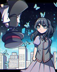 Rule 34 | 1girl, 1jumangoku, 1other, black coat, black hair, blue butterfly, blue sky, bug, butterfly, check commentary, cityscape, clenched hand, coat, collared shirt, commentary, commentary request, detached sleeves, enraku tsubakura, eyelashes, from behind, gradient sky, green skirt, grey eyes, grey vest, hakama, hakama short skirt, hakama skirt, haru (len&#039;en), hat, hat ribbon, insect, japanese clothes, len&#039;en, long skirt, looking at another, medium hair, night, puffy short sleeves, puffy sleeves, purple shirt, purple skirt, red ribbon, ribbon, shirt, short hair, short sleeves, single sidelock, skirt, sky, sleeveless, sleeveless coat, top hat, torii, vest, white sleeves, wide sleeves