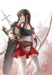 Rule 34 | 1girl, :d, akagi (kancolle), arrow (projectile), asakawa shinka, bad id, bad pixiv id, bow (weapon), brown eyes, brown gloves, brown hair, cowboy shot, female focus, flight deck, gloves, hair between eyes, hakama, hakama short skirt, hakama skirt, highres, holding, holding arrow, japanese clothes, kantai collection, kimono, long hair, looking to the side, machinery, mast, muneate, neck, open mouth, partially fingerless gloves, quiver, red skirt, short sleeves, sidelocks, single glove, skirt, smile, solo, standing, straight hair, tasuki, thighhighs, weapon, white kimono, white thighhighs, yellow eyes