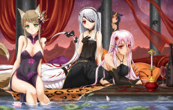 Rule 34 | 4girls, animal ears, bare shoulders, black dress, black gloves, black hair, blush, bottle, breasts, bridal gauntlets, brown hair, cleavage, cup, detached collar, dress, eyepatch, flower, fox ears, fox tail, gloves, green eyes, highres, hookah, lamia, large breasts, lily pad, long hair, looking at viewer, midnight (banyex), mole, mole under eye, monster girl, multiple girls, original, pillar, pillow, pink hair, pixiv fantasia, pixiv fantasia t, pointy ears, red eyes, ribbon, silver hair, sitting, smile, soaking feet, tail, tail ornament, tail ribbon, tattoo, water
