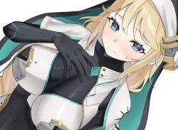 Rule 34 | 1girl, armored bodysuit, blonde hair, blue eyes, blush, braid, breasts, closed mouth, goddess of victory: nikke, habit, hand on own chest, heart, heart-shaped pupils, highres, large breasts, long hair, nun, rapunzel (nikke), solo, sweatdrop, symbol-shaped pupils, tatakita, veil