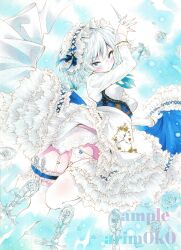 Rule 34 | 1girl, absurdres, arim0k0, artist name, blue background, blue eyes, blush, breasts, commentary, frills, full body, garter straps, grey hair, highres, izayoi sakuya, knife, looking at viewer, maid, maid headdress, panties, sample watermark, short hair, solo, thighhighs, too many, too many frills, touhou, traditional media, underwear, watermark, white panties, white thighhighs