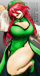 Rule 34 | 1girl, beret, blue eyes, braid, breasts, china dress, chinese clothes, cleavage cutout, clothing cutout, dress, green dress, green footwear, green headwear, hat, highres, hong meiling, koyubi (littlefinger1988), large breasts, leg up, looking at viewer, red hair, smile, standing, standing on one leg, star (symbol), thighs, touhou, twin braids