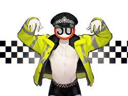 Rule 34 | 1boy, absurdres, arms up, black hat, black male underwear, briefs, checkered background, commentary, english commentary, facing viewer, ghost k1n, hat, headwear request, high-visibility jacket, highres, jacket, long sleeves, male focus, male underwear, no shirt, object head, original, road sign, sign, solo, speed limit sign, underwear, upper body, white background, yellow jacket