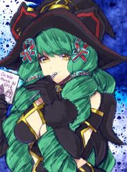 Rule 34 | 1girl, argyle, argyle clothes, argyle cutout, black gloves, breasts, closed mouth, clothing cutout, drill hair, elbow gloves, fiore brunelli, gloves, green hair, hair ornament, hat, large breasts, long hair, looking at viewer, makeup, murata tefu, revealing clothes, smile, solo, star ocean, star ocean integrity and faithlessness, twin drills, witch hat, yellow eyes