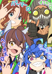 Rule 34 | 1boy, 3girls, @ @, \m/, ahoge, animal ears, apex legends, bandaged arm, bandages, black gloves, blue eyes, blue shirt, brown hair, character name, crossed bangs, crossover, daitaku helios (umamusume), ear covers, fang, fingerless gloves, gloves, goggles, green background, green eyes, grin, hair ornament, hairclip, hands up, highres, hood, hoodie, horse ears, horse girl, jewelry, long hair, looking at viewer, mejiro palmer (umamusume), multicolored hair, multiple girls, necklace, octane (apex legends), one eye closed, open mouth, parted bangs, pink eyes, respirator, sharp teeth, shirt, side ponytail, skin fang, smile, streaked hair, teeth, trait connection, twin turbo (umamusume), twintails, umamusume, wakoudo, yellow eyes