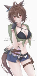 1girl absurdres agnes_tachyon_(lunatic_lab)_(umamusume) agnes_tachyon_(umamusume) ahoge animal_ears bikini black_bikini black_gloves blue_shorts breasts brown_eyes brown_hair commentary cowboy_shot criss-cross_halter ear_ornament from_below gloves green_jacket grin groin hair_between_eyes halterneck hand_on_own_hip highres horse_ears horse_girl horse_tail huge_ahoge jacket micro_shorts midriff mino_(mii_mt) navel official_alternate_costume official_alternate_hairstyle shaded_face short_ponytail shorts single_glove smile solo swimsuit tail tied_jacket torn_clothes torn_shorts translation_request umamusume