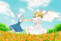 Rule 34 | 2girls, bad id, bad pixiv id, blonde hair, blue dress, blue eyes, blue hair, capelet, cirno, cloud, day, dress, female focus, frilled dress, frills, hair ribbon, hat, holding hands, lily white, long hair, long sleeves, multiple girls, natsume (menthol), puffy short sleeves, puffy sleeves, ribbon, short hair, short sleeves, sky, touhou, white dress, white hat, wings, yellow eyes