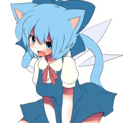 Rule 34 | 1girl, animal ears, blue eyes, blue hair, blush, bow, breasts, cat ears, cat girl, cat tail, cirno, embodiment of scarlet devil, fang, female focus, flat color, hair bow, kemonomimi mode, matching hair/eyes, open mouth, simple background, solo, suzugo@erorin, tail, touhou, white background, wings