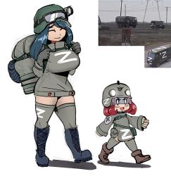 Rule 34 | 0 0, 2girls, ^ ^, artist request, backpack, bag, blue footwear, blue hair, blush, blush stickers, boots, breasts, brown footwear, buhanka-chan, child, closed eyes, closed mouth, flat chest, full body, gloves, goggles, green headwear, grey gloves, grey headwear, hat, headlamp, helmet, kamaz-chan, large breasts, logo, looking away, military, military hat, military truck, military uniform, military vehicle, motor vehicle, multiple girls, open mouth, personification, real life, red hair, russo-ukrainian war, simple background, sleeves past wrists, small breasts, smile, source request, tagme, thick thighs, thighhighs, thighhighs under boots, thighs, tire, truck, uaz-452, uaz (logo), uniform, visor (armor), walking, white background, z (symbol), zettai ryouiki