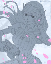 Rule 34 | 1girl, animal print, artist name, bodysuit, breasts, d.va (overwatch), eyelashes, facepaint, facial mark, finger on trigger, gun, hand on headphones, handgun, headphones, high collar, highres, holding, holding gun, holding weapon, lineart, long hair, looking at viewer, medium breasts, michelle hoefener, monochrome, overwatch, overwatch 1, parted lips, patreon logo, petals, pilot suit, pistol, rabbit print, ribbed bodysuit, shoulder pads, signature, sketch, skin tight, smile, solo, spot color, swept bangs, unfinished, upper body, watermark, weapon, web address, whisker markings