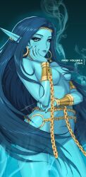 1girl blue_eyes blue_hair blue_lips blue_nails blue_sclera blue_skin chain character_name closed_mouth colored_sclera colored_skin completely_nude copyright_name ear_piercing earrings eyelashes gold_chain hand_on_own_arm hand_on_own_face highres hoop_earrings jewelry jinn_(rwby) long_hair nail_polish nude official_art piercing pointy_ears rwby signature simple_background smoke solo uyalago