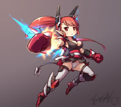 Rule 34 | 1girl, android, armor, armored boots, boots, boxing gloves, breasts, brown background, cleavage, clenched hand, firing, full body, gradient background, headgear, highres, langbazi, long hair, looking at viewer, panties, pointy ears, ponytail, red eyes, red hair, rocket punch, simple background, solo, thigh boots, thighhighs, underwear, very long hair, white panties