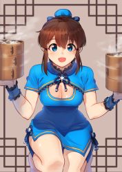 Rule 34 | 1girl, alternate hairstyle, bamboo steamer, baozi, blue eyes, breasts, brown hair, bun cover, china dress, chinese clothes, cleavage cutout, clothing cutout, collar, commentary, dress, food, frilled collar, frilled cuffs, frills, grey background, hair bun, high collar, holding, idolmaster, idolmaster million live!, kamille (vcx68), kneeling, looking at viewer, medium breasts, open mouth, satake minako, short dress, short sleeves, side slit, sidelocks, single hair bun, smile, solo, steam