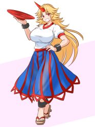 Rule 34 | 1girl, blonde hair, blue skirt, commentary request, commission, contrapposto, cuffs, cup, full body, geta, hair flaps, holding, holding cup, horns, hoshiguma yuugi, long hair, looking at viewer, mizusoba, red eyes, red horns, sakazuki, shackles, shirt, single horn, skeb commission, skirt, solo, star (symbol), touhou, white shirt