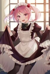 Rule 34 | 1girl, absurdres, alternate costume, apron, black bow, black bowtie, black dress, black pantyhose, bow, bowtie, curtsey, dress, enmaided, frilled dress, frills, hair bobbles, hair ornament, highres, indoors, juliet sleeves, kantai collection, light blush, long sleeves, looking at viewer, maid, maid apron, maid headdress, open mouth, pantyhose, pink eyes, pink hair, puffy sleeves, sazanami (kancolle), short hair, short twintails, skirt hold, smile, solo, twintails, white apron, yunamaro