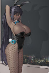 Rule 34 | 1girl, absurdres, animal ears, armpits, arms behind head, arms up, bad id, bad pixiv id, bare shoulders, black hair, black leotard, blue archive, blush, bow, bowtie, breasts, cityscape, cleavage, dark-skinned female, dark-skinned male, dark skin, detached collar, fake animal ears, fishnet pantyhose, fishnets, gloves, highleg, highleg leotard, highres, k pring, karin (blue archive), karin (bunny) (blue archive), large breasts, leotard, long hair, looking at viewer, pantyhose, playboy bunny, ponytail, rabbit ears, sidelocks, thighs, traditional bowtie, white gloves, window, yellow eyes