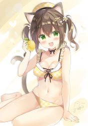 Rule 34 | 1girl, 2020, :d, animal ear fluff, animal ears, arm support, bare arms, bare legs, bare shoulders, barefoot, beret, bikini, blush, breasts, brown hair, cameltoe, cat ears, cat girl, cat tail, cleavage, collarbone, commentary request, covered erect nipples, fang, flower, food, fruit, green eyes, green nails, hair between eyes, hair flower, hair ornament, hand up, hat, highres, holding, holding food, lemon, looking at viewer, medium breasts, nail polish, navel, open mouth, original, plaid, plaid bikini, plaid headwear, saeki sora, signature, sitting, smile, solo, swimsuit, tail, tail raised, twintails, white flower, yellow bikini, yellow hat, yokozuwari
