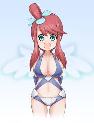 Rule 34 | 10s, 1girl, alcohol (coldfront), bad id, bad pixiv id, bare shoulders, blush, breasts, cleavage, creatures (company), game freak, green eyes, gym leader, large breasts, long hair, navel, nintendo, open mouth, pokemon, pokemon bw, ponytail, red hair, revealing clothes, side ponytail, skyla (pokemon), solo
