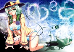 Rule 34 | 1girl, aged up, arm support, blouse, blue bra, blue panties, blush, bow, bra, breasts, cleavage, collarbone, green eyes, green hair, hat, hat bow, hat ribbon, heart, heart background, heart of string, kneeling, komeiji koishi, large breasts, large hat, leaning forward, looking at viewer, open clothes, panties, ribbon, shirt, solo, taka (hiroa), third eye, touhou, underwear, wide sleeves, yellow bow, yellow shirt