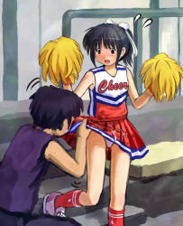 Rule 34 | 1boy, 1girl, bare shoulders, clothes lift, copyright request, g yukishiro, looking at another, miniskirt, outdoors, petite, pleated skirt, ponytail, red legwear, red skirt, short ponytail, skirt, skirt lift, sleeveless, smile, socks, uniform