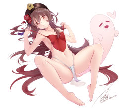 Rule 34 | 1girl, absurdres, bad id, bad pixiv id, barefoot, breasts, brown hair, brown hat, chinese commentary, commentary request, dated, flower, flower-shaped pupils, full body, fundoshi, genshin impact, ghost, hair between eyes, hair flower, hair ornament, hands up, hat, heart, highres, hu tao (genshin impact), janload1ng, japanese clothes, long hair, looking at viewer, navel, parted lips, pussy juice, pussy juice puddle, red eyes, red flower, signature, simple background, small breasts, solo, stomach, symbol-shaped pupils, very long hair, white background