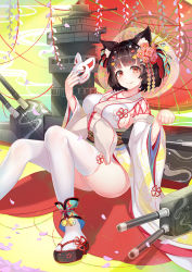 Rule 34 | 1girl, animal ear fluff, animal ears, asanogawa (tutufcc), azur lane, bell, black footwear, blue nails, blush, bow, breasts, brown hair, cannon, cat ears, closed mouth, fingernails, flower, fox mask, hair bow, hair flower, hair ornament, hands up, head tilt, highres, holding, holding mask, japanese clothes, jingle bell, kimono, large breasts, long sleeves, looking at viewer, mask, nail polish, obi, oil-paper umbrella, paw pose, pink flower, red eyes, red umbrella, sandals, sash, see-through, short hair, sideboob, sitting, smile, solo, thighhighs, turret, umbrella, unworn mask, white kimono, white thighhighs, wide sleeves, yamashiro (azur lane), zouri