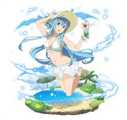 Rule 34 | 1girl, :d, arm up, asuna (sao-alo), bikini, bikini skirt, blue eyes, blue hair, blue ribbon, bracelet, breasts, cleavage, collarbone, feet, floating hair, flower, full body, hat, hat ribbon, head tilt, hibiscus, holding, jewelry, long hair, looking at viewer, medium breasts, necklace, open mouth, palm tree, pointy ears, ribbon, sideboob, simple background, smile, solo, sun hat, swimsuit, sword art online, toes, tree, very long hair, white background, white bikini, white flower, white hat