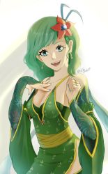 Rule 34 | 1girl, absurdres, breasts, detached sleeves, earrings, final fantasy, final fantasy iv, final fantasy iv: the after years, green eyes, green hair, hair ornament, highres, jewelry, long hair, looking at viewer, nail polish, aged up, open mouth, rydia (ff4), smile, solo, yakisake arimasu
