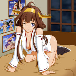 Rule 34 | 10s, 1girl, ahoge, all fours, barefoot, blue eyes, breasts, brown hair, cleavage, covered erect nipples, detached sleeves, double bun, hair bun, headgear, indoors, kantai collection, katsuragi (kancolle), kongou (kancolle), large breasts, long hair, looking at viewer, mutsu (kancolle), mutsuki (kancolle), nagato (kancolle), no bra, on bed, one eye closed, panties, panty pull, photo (object), pink panties, shiba cyon, sidelocks, skirt, unworn skirt, smile, solo, underwear, unryuu (kancolle), window, yuudachi (kancolle)