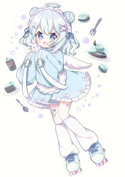 Rule 34 | 1girl, :d, absurdres, aobahosino, apron, bandaid, bandaid on leg, blue dress, blue eyes, blue hair, blush, cake, double bun, dress, feathered wings, food, fork, frilled apron, frilled dress, frills, full body, hair between eyes, hair bun, hair ornament, halo, highres, holding, holding stuffed toy, long sleeves, looking at viewer, loose socks, macaron, maid headdress, open mouth, original, plate, roller skates, short hair, skates, sleeves past fingers, sleeves past wrists, smile, socks, solo, standing, stuffed animal, stuffed rabbit, stuffed toy, white apron, white background, white socks, white wings, wing hair ornament, wings, x hair ornament