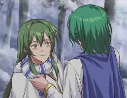 Rule 34 | 1boy, 1girl, blue cape, cape, commentary, commission, erinys (fire emblem), fire emblem, fire emblem: genealogy of the holy war, from behind, green eyes, green hair, hair between eyes, hair intakes, kshatriya 666, lewyn (fire emblem), nintendo, outdoors, scarf, second-party source, shirt, short hair, smile, snow, striped clothes, striped scarf, upper body, white cape, white shirt