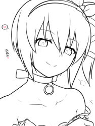 Rule 34 | 1girl, bad ci-en id, bad id, choker, closed mouth, edna (tales), greyscale, hair ribbon, hairband, kiikii (kitsukedokoro), looking at viewer, medium hair, monochrome, ribbon, side ponytail, simple background, smile, solo, tales of (series), tales of zestiria, undressing, white background