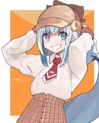 Rule 34 | 1girl, :d, arms behind head, blue eyes, blue hair, collared shirt, cosplay, deerstalker, eyes visible through hair, fins, fish tail, gawr gura, hair ornament, hat, highres, hololive, hololive english, long sleeves, looking at viewer, multicolored hair, necktie, nuggetkouhai, open mouth, plaid, plaid skirt, red necktie, shark girl, shark tail, sharp teeth, shirt, shirt tucked in, silver hair, skirt, smile, solo, streaked hair, tail, teeth, virtual youtuber, watson amelia, watson amelia (1st costume), watson amelia (cosplay), white shirt