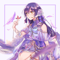 Rule 34 | 1girl, angel wings, arm up, bare shoulders, blue hair, blush, bug, butterfly, closed mouth, commentary request, feathers, flower, hair between eyes, hair flower, hair ornament, hairclip, insect, long hair, love live!, love live! school idol festival, love live! school idol project, microphone, ribbon, simple background, sitting, smile, solo, sonoda umi, sqbillfish, white background, wings, x hair ornament, yellow eyes, yokozuwari