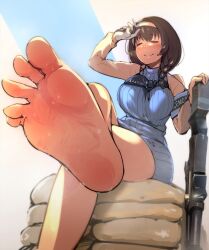 Rule 34 | 1girl, armband, barefoot, blue sweater, blush, braid, breasts, brown hair, closed eyes, closed mouth, day, dress, feet, foot focus, goddess of victory: nikke, hairband, highres, holding, holding weapon, large breasts, long hair, mary (nikke), milele, no shoes, outdoors, ribbed sweater, shirt, sitting, smile, soles, solo, sweat, sweater, sweater dress, toes, weapon, wet, white hairband, white shirt