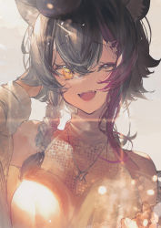 Rule 34 | 1girl, animal ear fluff, animal ears, betabeet, black hair, braid, breasts, brown eyes, commentary, crossed bangs, fangs, hair ornament, hairclip, halterneck, hand in own hair, highres, hololive, jewelry, lens flare, long hair, looking at viewer, medium breasts, multicolored hair, necklace, one eye closed, ookami mio, ookami mio (street), open mouth, red hair, smile, solo, streaked hair, sweater, teeth, upper body, upper teeth only, virtual youtuber, white sweater, wolf ears, wolf girl